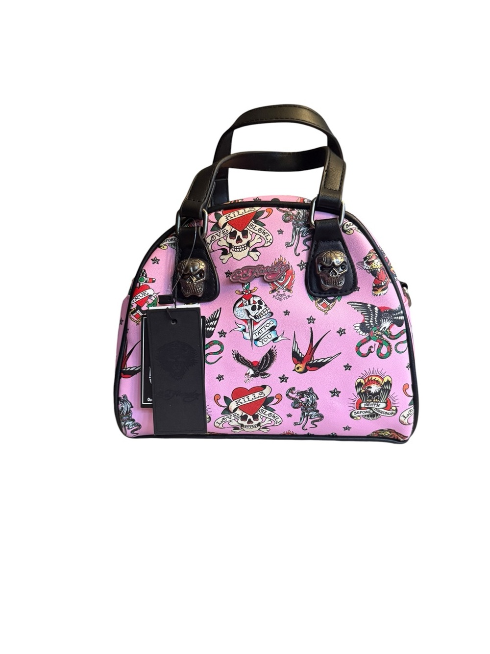 ED HARDY Pink “Love Kills Slowly” Skull Heart Tattoo Bowler-Style Handbag NEW!